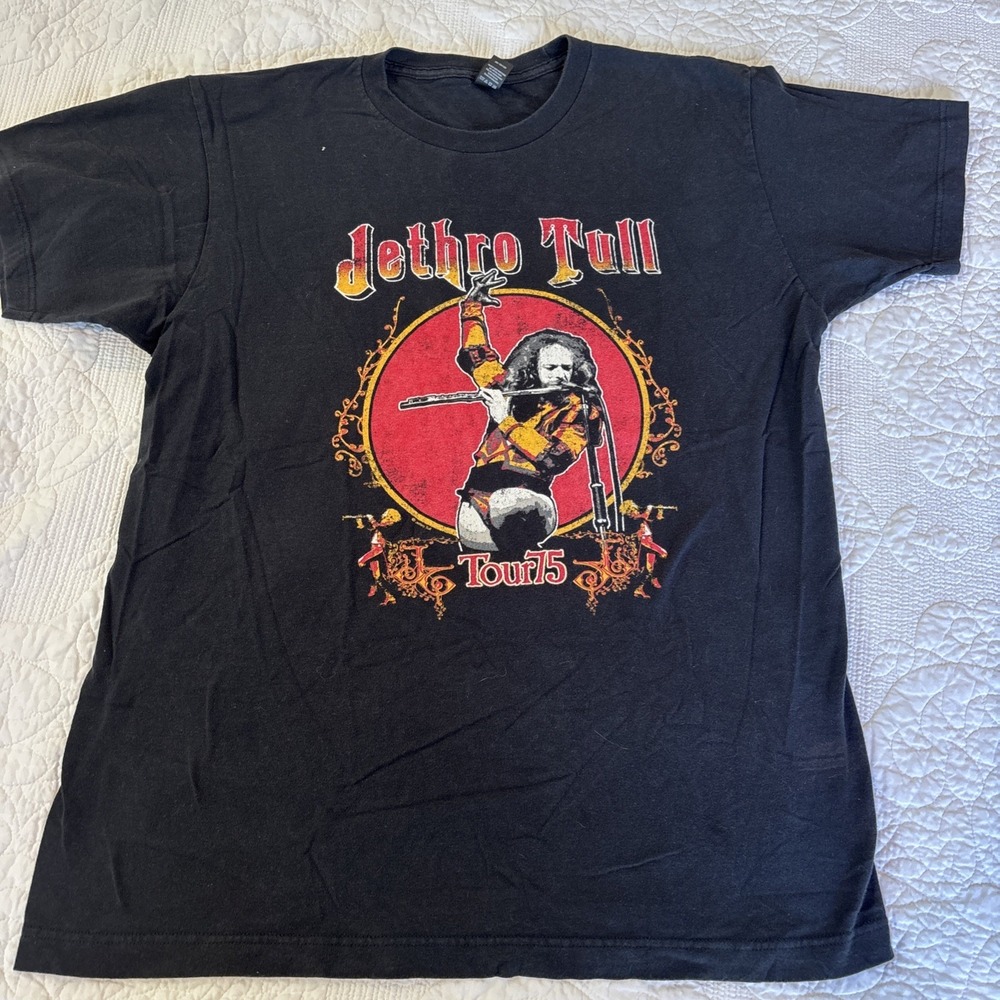 Vintage Jethro Tull T Shirt - US Tour 75- Men's Large Faded Black Cool Graphic